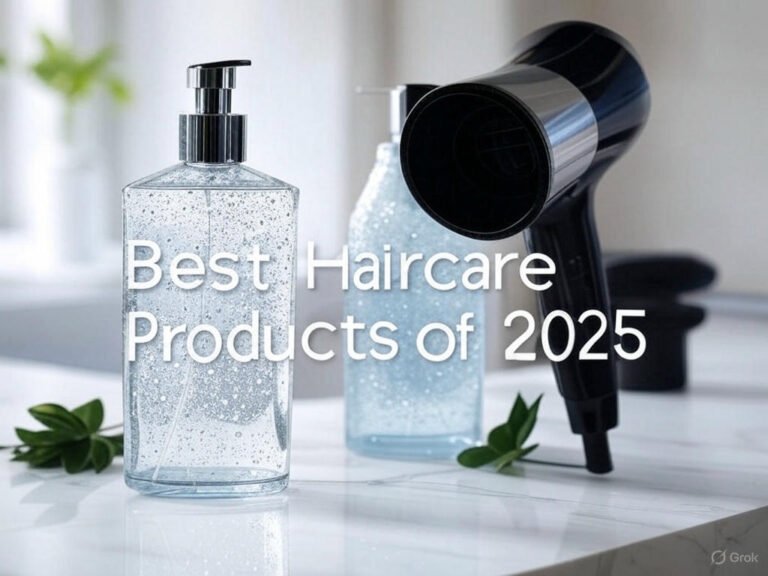 Luxurious display of top haircare products including shampoo, conditioner, and hair dryer on a white marble background with green leaves.