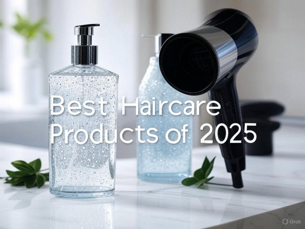 Luxurious display of top haircare products including shampoo, conditioner, and hair dryer on a white marble background with green leaves.