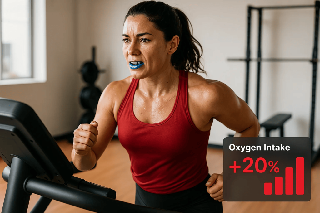 Athlete running with Airwaav Mouthguard for improved oxygen intake.
