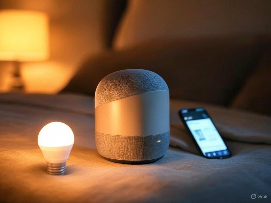 Smart speaker playing music on a bedside table with a smartphone and LED lighting.