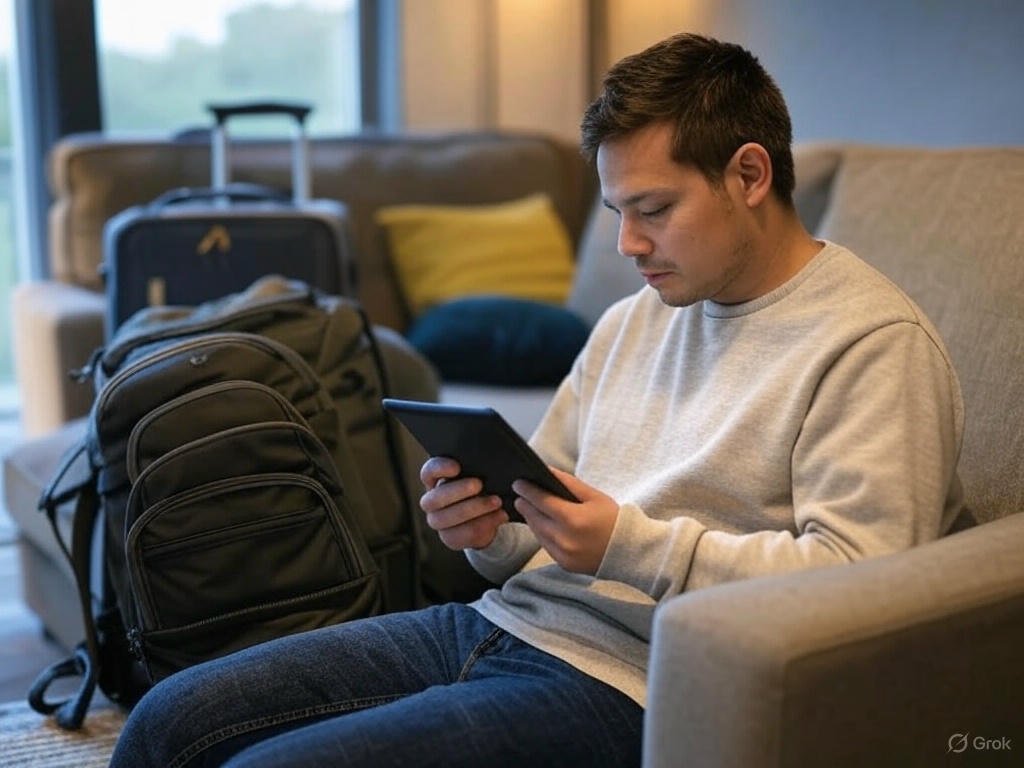 Person reading a product review on a tablet with a travel backpack and suitcase in the background.
