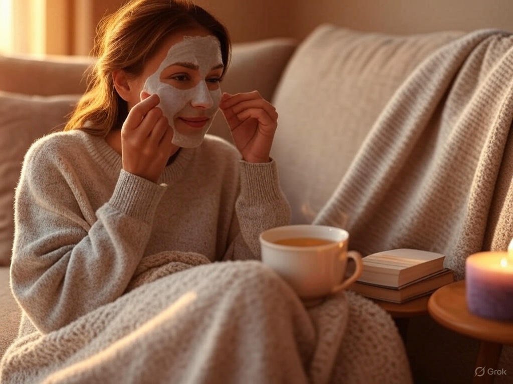 A woman applying a hydrating face mask while relaxing on a couch with a cup of tea, a scented candle, and a soft blanket nearby.