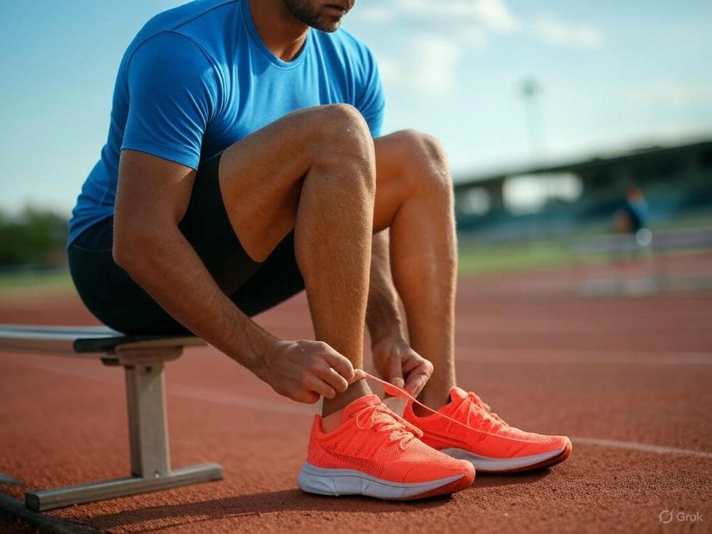 Runner tying neon orange running shoes on a bench at a stadium track, with a green field in the background.