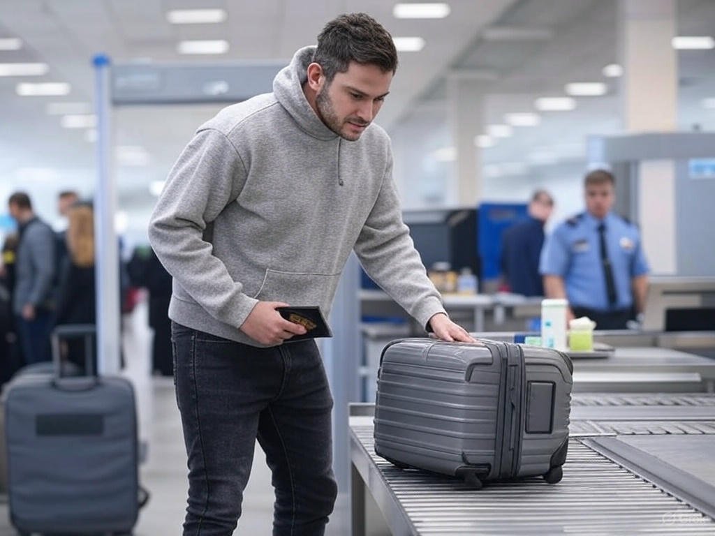 Traveler placing a gray suitcase on an airport security conveyor belt, with a security officer in the background.
