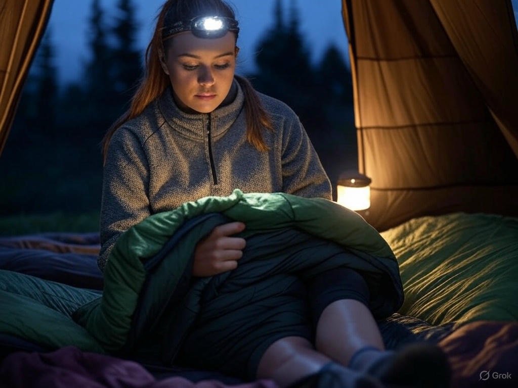 Hiker unrolling a green sleeping bag inside a tent at night, with a headlamp and lantern, in a forest setting.