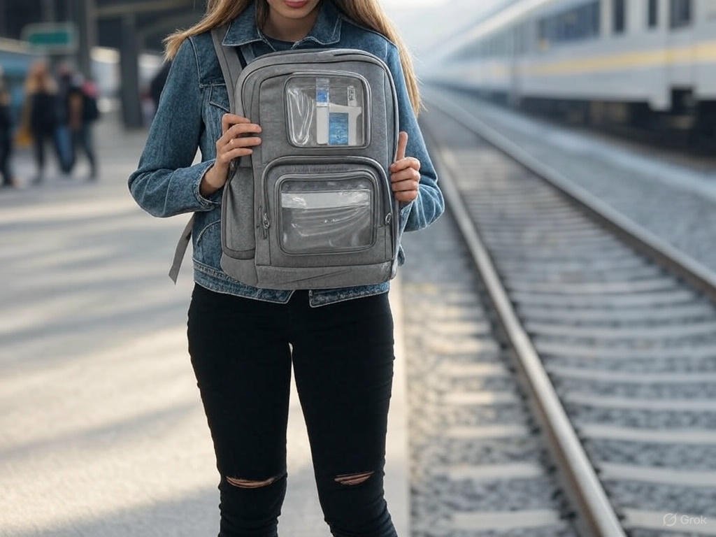 Traveler adjusting a travel pillow in a backpack at a train station, with a toiletry bag clipped on, in a busy setting.